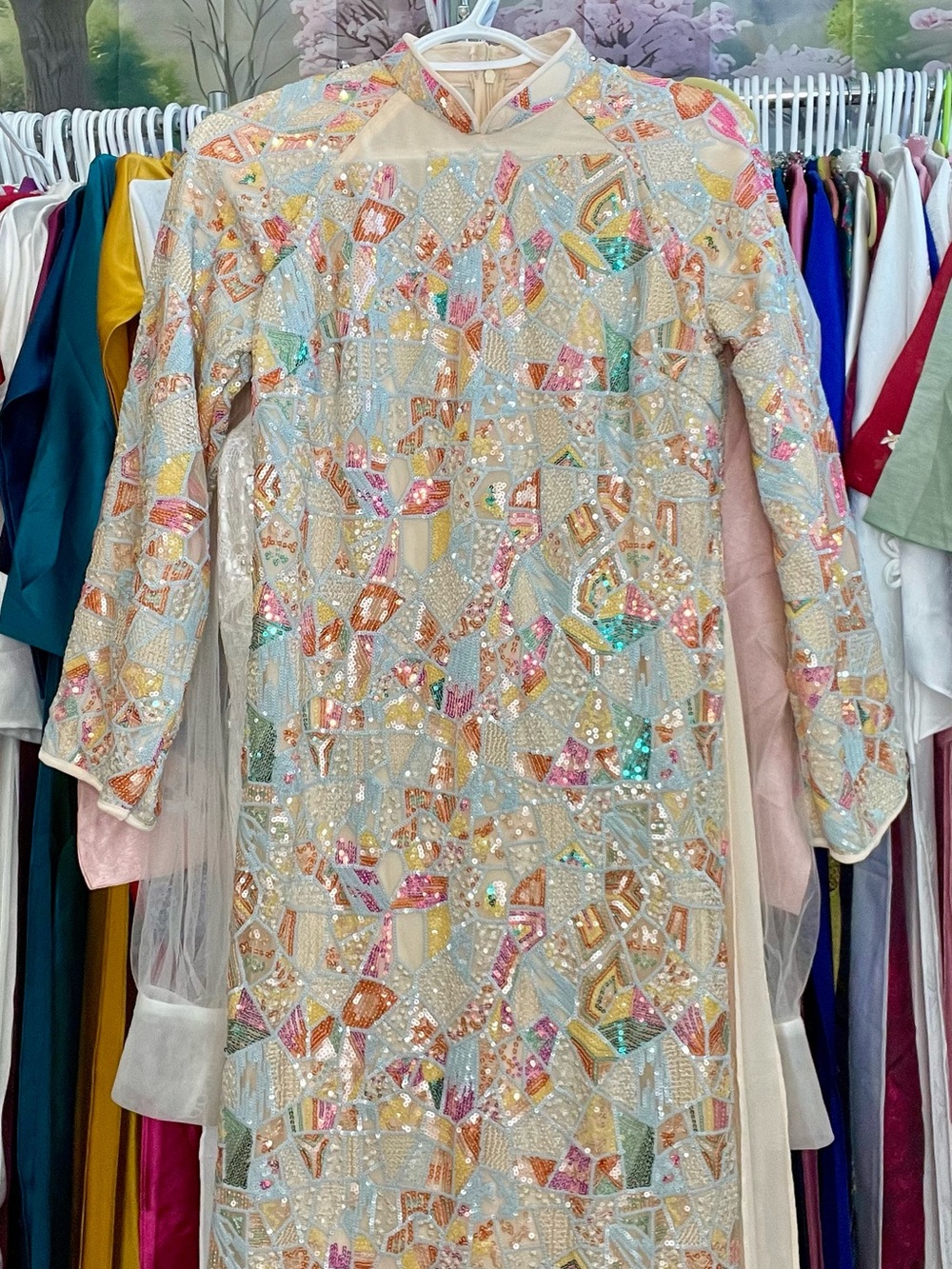 Ao dai suông kim sa sequin Vietnamese traditional long dress set l 4 pink cream - Picture 3 of 5